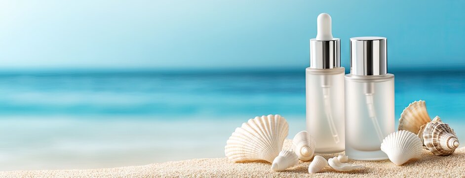 Elegant skincare bottles on sandy beach with seashells and ocean backdrop create a serene coastal vibe at sunset
