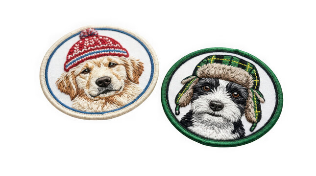 Two round embroidered fabric patches featuring cute dogs wearing winter hats isolated on transparent background