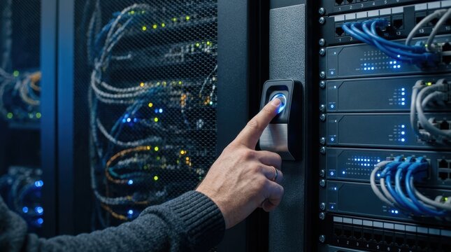 Hand using a fingerprint scanner beside network switches and a secure server cabinet with blue status lights.