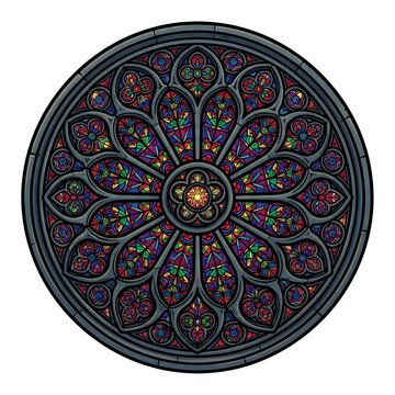 Beautiful Gothic stained glass rose window illustration. Colorful circular vector design with intricate floral geometric patterns on a dark background
