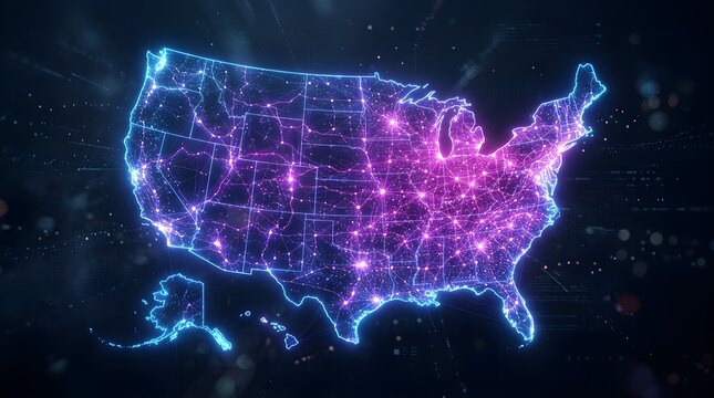 Digital map of United States featuring interconnected glowing nodes and bright purple light connections representing modern network communications across the country in this high tech illustration