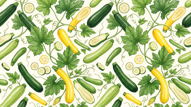 Zucchini pattern vector illustration, seamless botanical vegetable background with fresh green and yellow squashes, leaves, and slices
