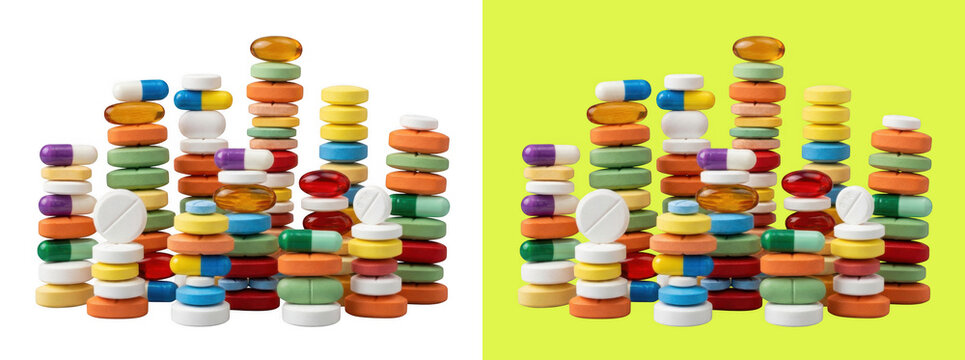 Colorful medical pills stacked in tower columns
