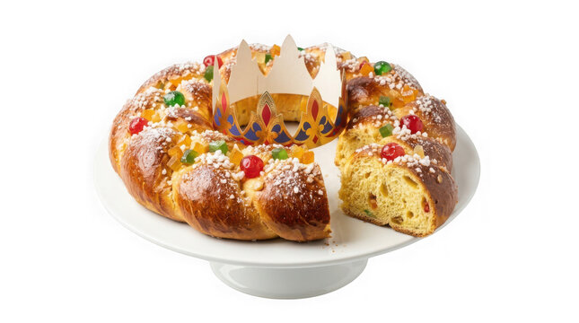 A traditional king cake with candied fruit and a paper crown isolated on transparent background