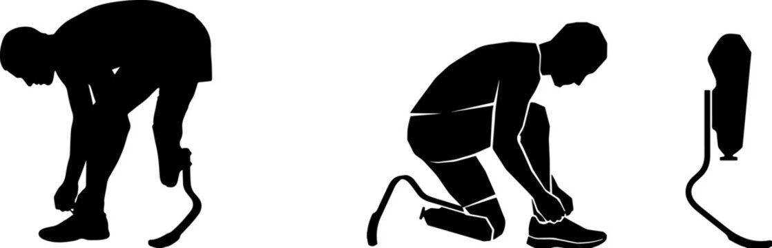 Prosthetic limb athlete silhouette, wheelchair-free adaptive runner tying a shoelace beside a prosthetic leg.
