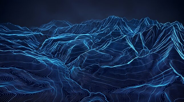 Digital wireframe mountain landscape featuring glowing blue lines on a dark background creating a futuristic topographic map visualization for modern data science and technology concept art.
