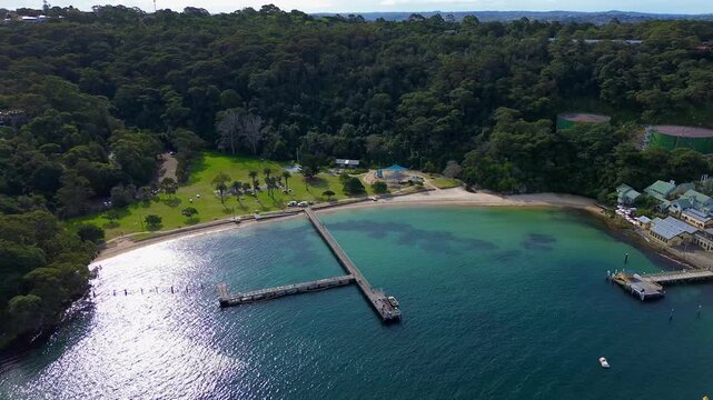Scenic aerial coastline of Chowder Bay, Sydney Harbour, NSW, Australia