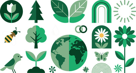 Obraz premium Green Ecology and Sustainable Environment Protection Flat Vector Icon Set with Planet Earth Trees Flowers Leaves Bird and Insect Elements for Eco Branding
