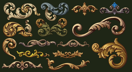 Luxurious baroque floral ornaments with gold acanthus scrolls and pink roses on dark blue background, elegant design. © bow