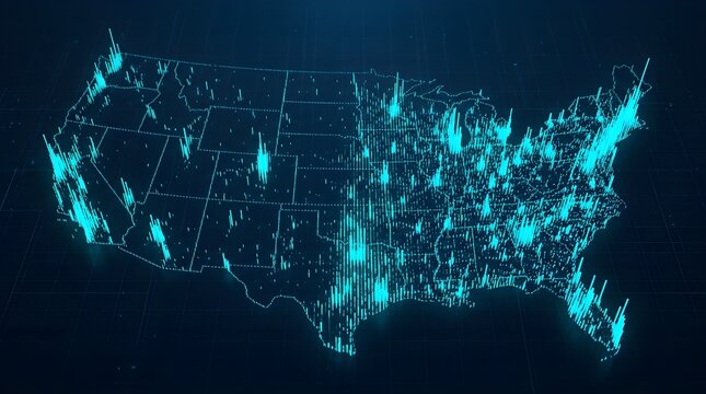 Glowing digital map of the United States featuring luminous blue vertical data bars representing population density and modern connectivity trends across the vast American continental landscape