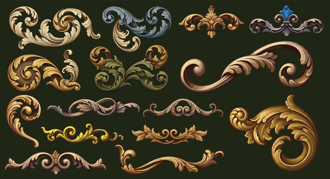 Luxurious baroque floral ornaments with gold acanthus scrolls and pink roses on dark blue background, elegant design.