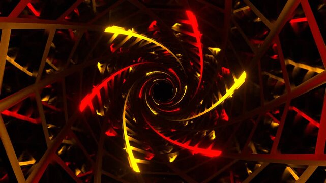 Red and Yellow Neon Lines Tunnel with Mirror Frames Background VJ Loop in 4K