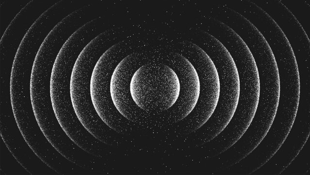 Concentric waves formed by thousands of tiny dots. Expanding circular waves. Minimal abstract art with stippling effect. Dynamic illusion of sound waves and ripples spreading endlessly through space