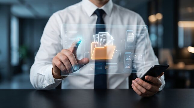 Business data management concept with interactive digital folders and sophisticated holographic technology