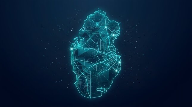 Digital glowing map of Qatar showcasing intricate network lines and data nodes with bright turquoise neon light effect on a dark navy blue background surface texture