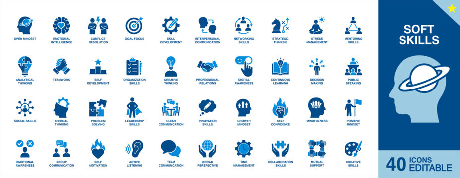 Soft Skills, icon set. Containing emotional intelligence, communication, teamwork, leadership, critical thinking, problem solving, creativity, decision making and personal development icons.