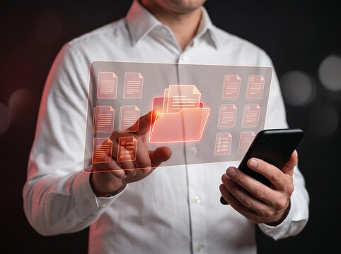 Futuristic file organization technology featuring holographic folders and efficient corporate document workflow