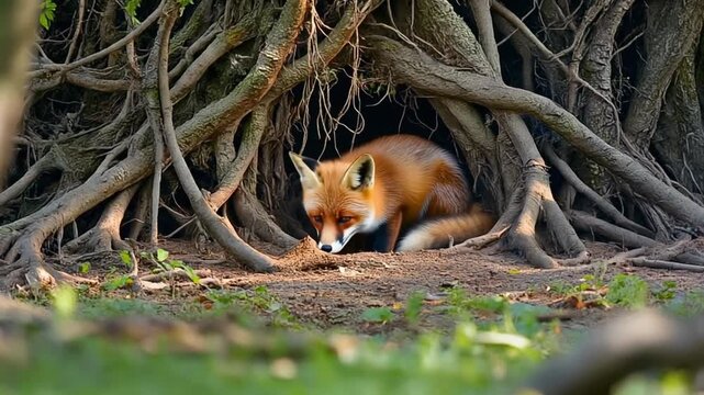 Red Fox Hiding Underneath Gnarled Tree Roots in Forest
