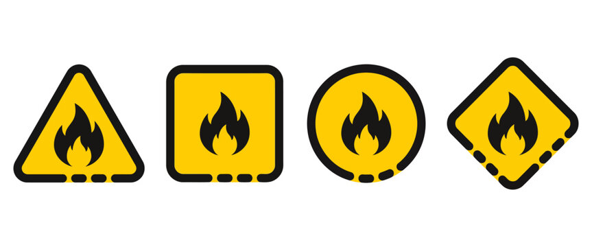Flammable warning icons set, yellow fire hazard signs in geometric shapes, 4 industrial flame alert symbols for safety labels