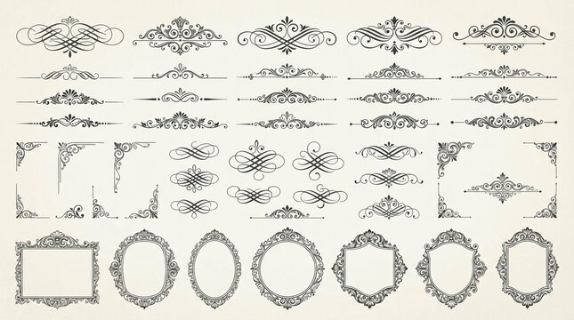 Decorative vintage ornaments collection featuring elegant calligraphic flourishes dividers borders and ornate picture frames presented in dark ink tones on a soft textured cream colored background