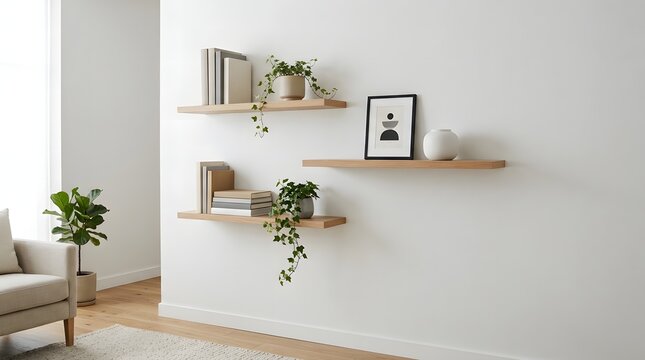 Modern wooden floating shelves on white wall