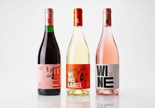 Three Wine Bottles Mockup on White Background