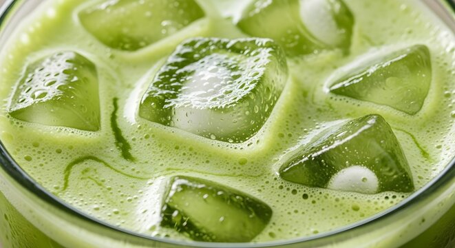 Close up of iced matcha green tea latte with ice cubes in a glass
