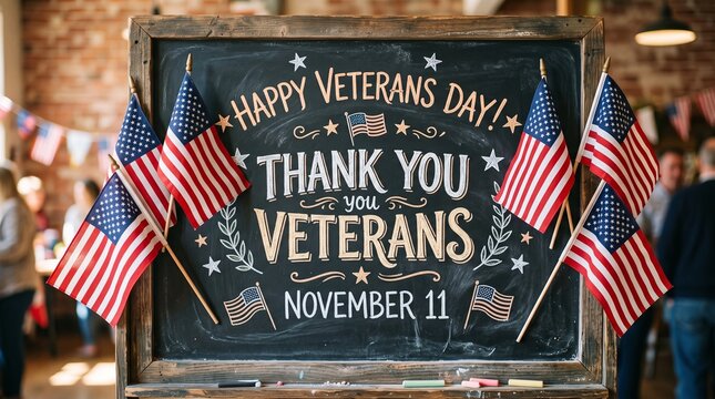 Happy Veterans Day chalkboard sign with American flags for November 11 holiday celebration