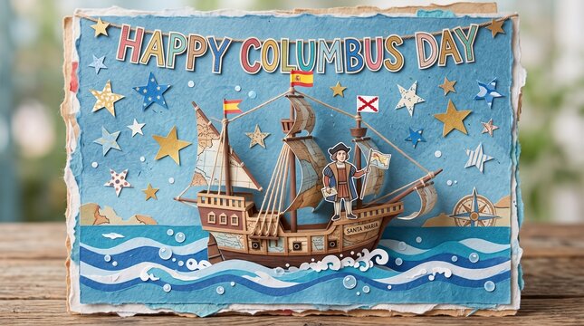 Handmade Columbus Day greeting card with a miniature ship model on a wooden table.