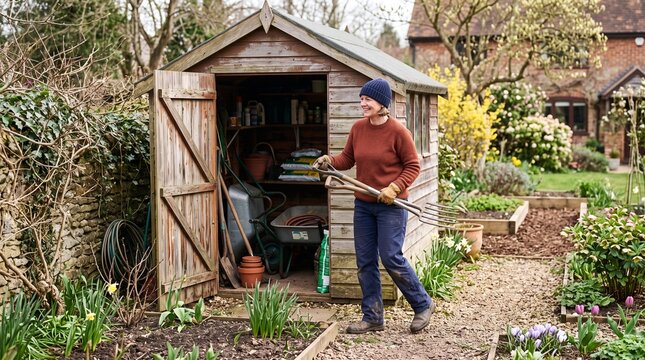 Older woman gardening and taking out tools from wooden shed  