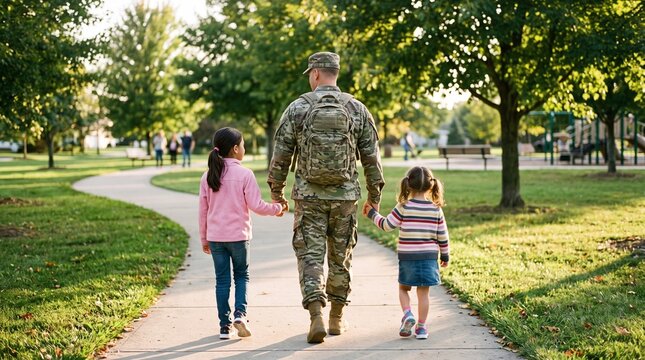 Military father in uniform walking with his two young daughters in a sunny park