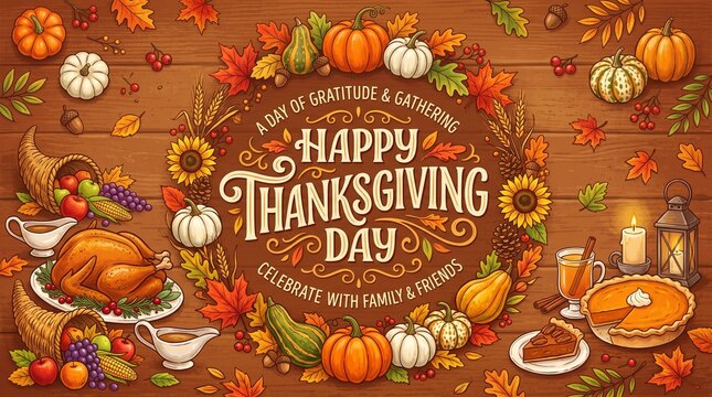 Happy Thanksgiving Day greeting card with roasted turkey, pumpkin pie and autumn leaves