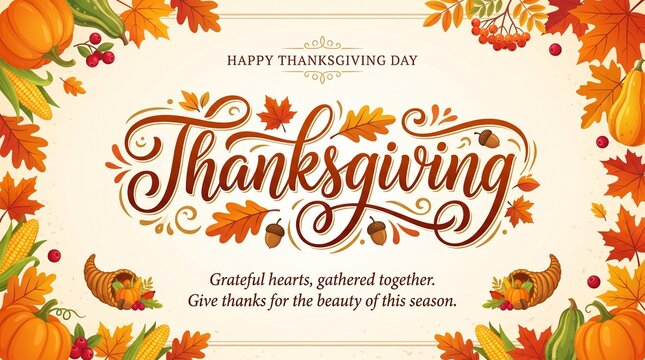 Thanksgiving greeting card with autumn leaves, pumpkins and cornucopia border design.