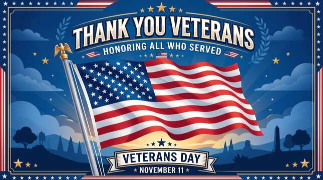 Veterans Day Thank You Banner with American Flag and Honoring All Who Served Text