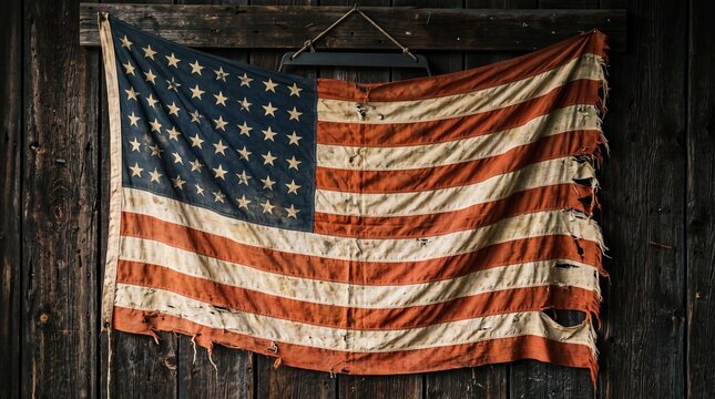 Vintage American flag hanging on a rustic dark wooden wall background