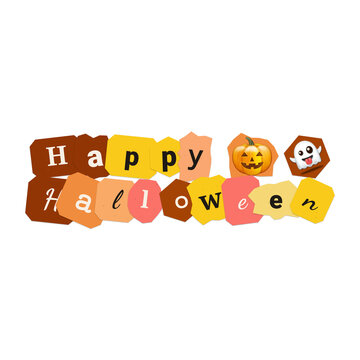 Happy Halloween Text Made of Paper Scraps with Pumpkin and Ghost