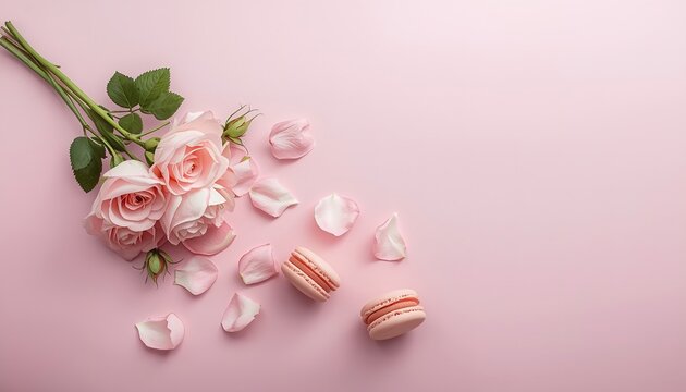 Delicate pink roses resting beside sweet almond macaroons on a soft pastel background captured from a top down flat view
