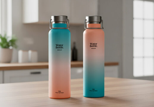Two Water Bottles Mockup on Kitchen Counter