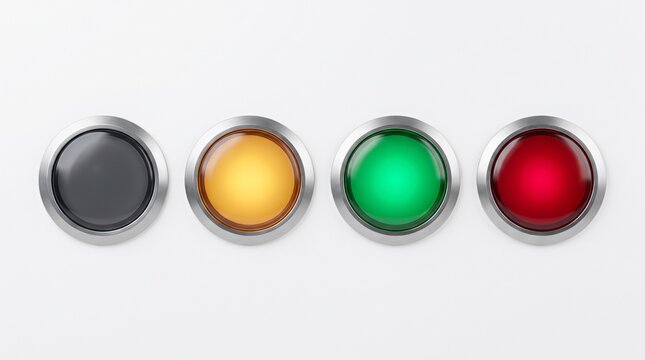 Four illuminated industrial indicator buttons in grey yellow green and red colors for control panel.