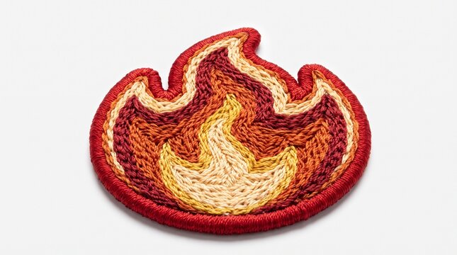 Flame shaped embroidery patch with vibrant red orange and yellow thread textures on white background.