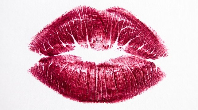 Highly detailed dark red lipstick kiss mark impression showing realistic skin texture on white paper.
