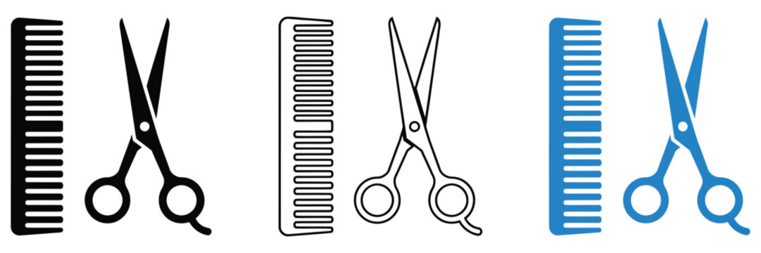 Scissors and combs for hair styling and grooming with crossed barber tools for salon services and professional beauty care
