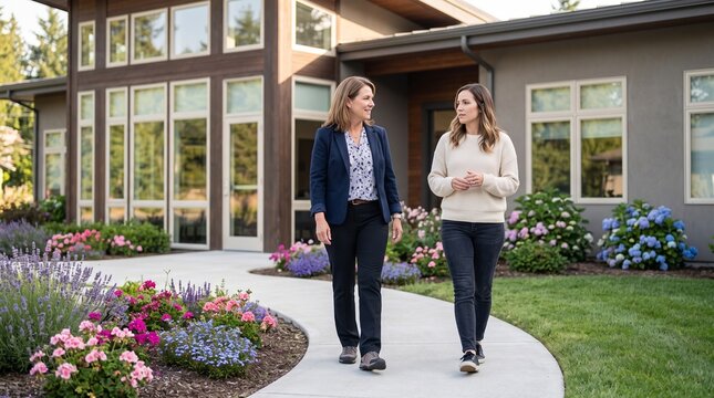 Addiction treatment walking therapy with counselor and adult client on garden path, colorful flowers and modern clinic exterior