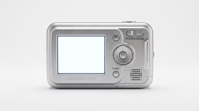 Silver digital camera with blank screen isolated on white background for product photography template.