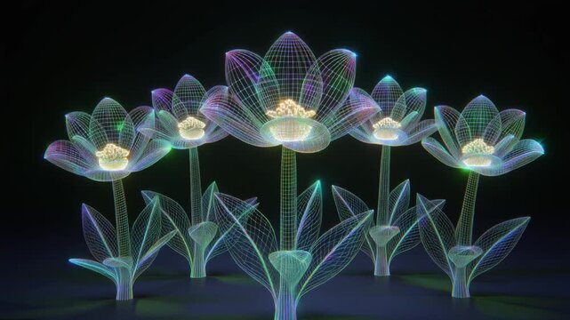 Glowing Neon Wireframe Flowers on Black Background, Futuristic Floral Design