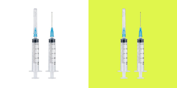 Two medical syringes and yellow backgrounds