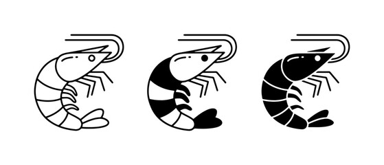 Obraz premium Shrimp Icons Set: Outline, Two-Tone, Solid Black Vector Graphics for Seafood and Cuisine