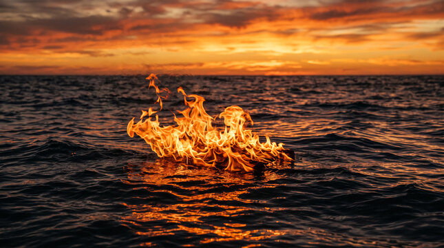 Close up of orange fire flames on black on a vast ocean with a fire, orange yellow red sunset in the background. Global warming concept.
