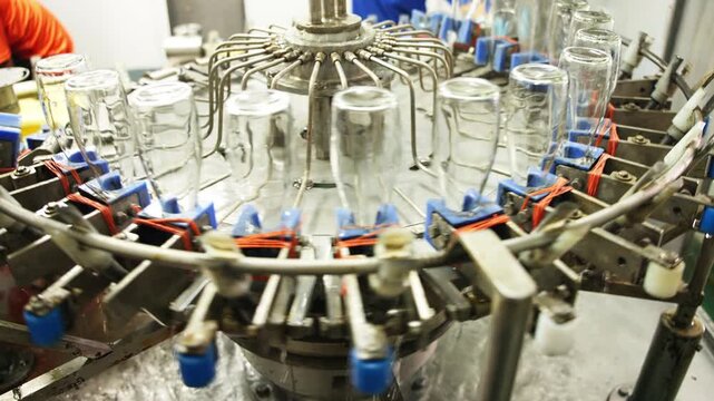 Close-up of industrial bottling equipment precisely filling glass containers with liquid during high-speed beverage production process in factory