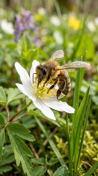 Bee pollinating a white flower in a vibrant spring garden  